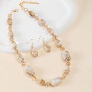 Elegant Gold and Cream Beaded Necklace and Earring Set